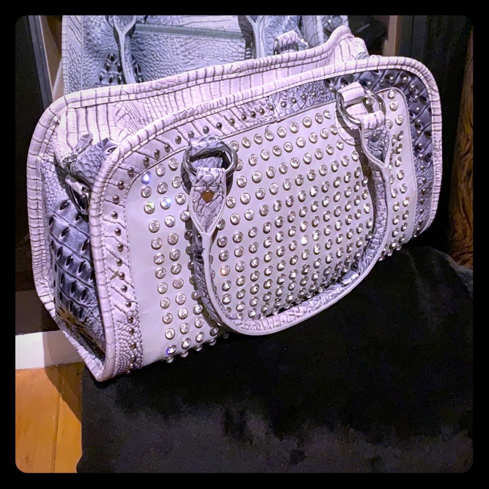 Gray Handbag with Silver Studded Rhinestones